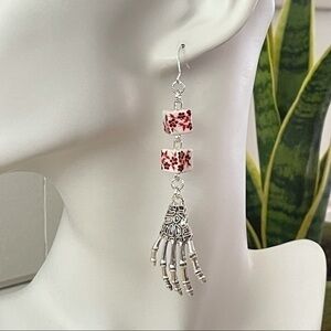 2/$29 Handmade Skeleton Hand & Ceramic Flowered Bead Earrings